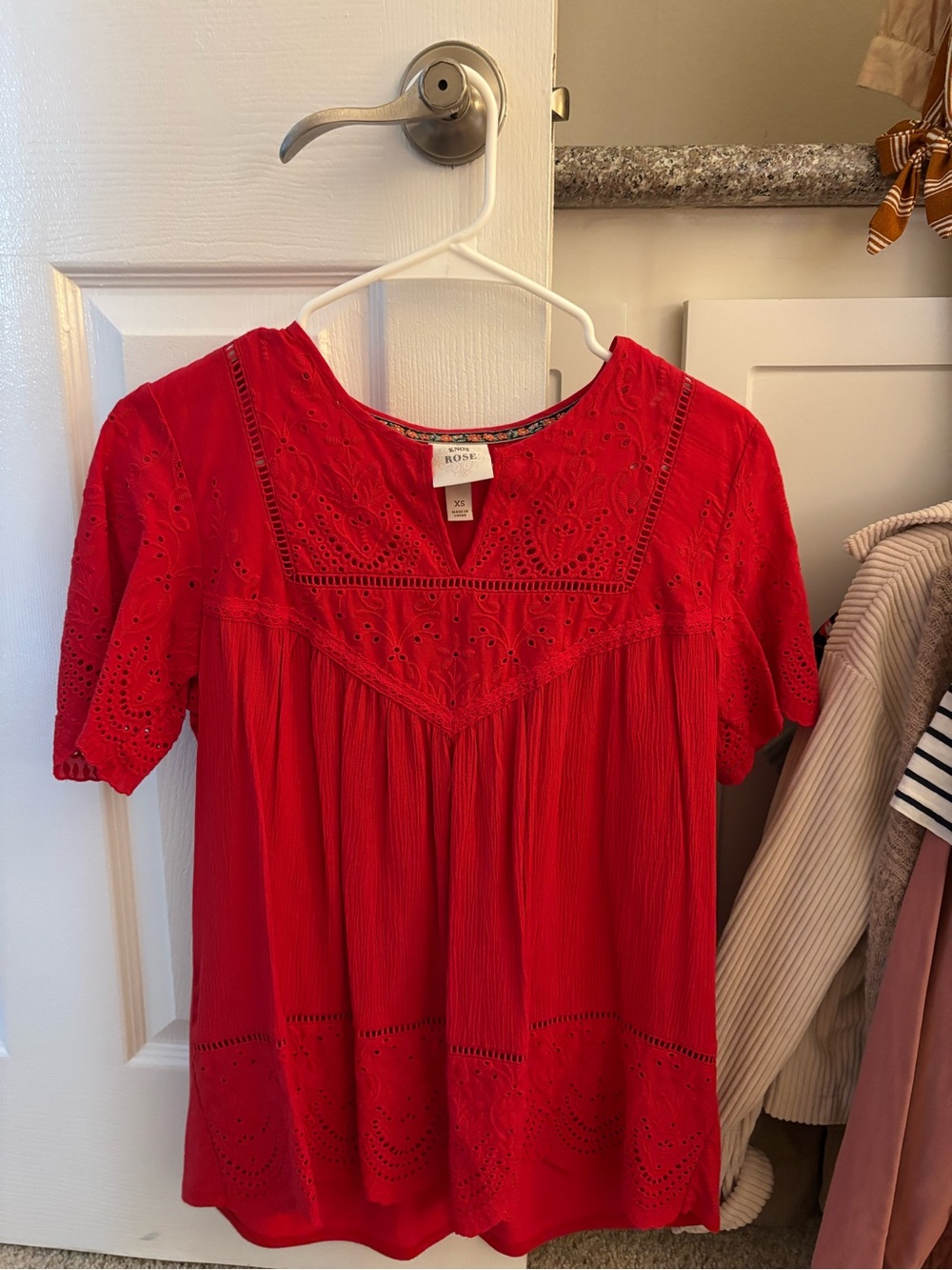 Knox Rose Red Eyelet Short Sleeve Blouse